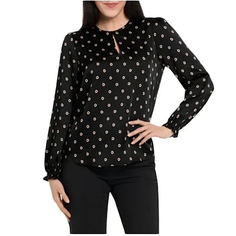 Ted Baker Floral Daisy Keyhole Detail Long Sleeve Black Blouse Size XL